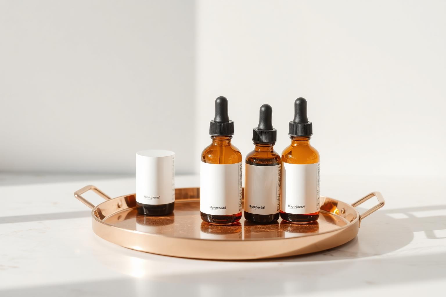 Amber dropper bottles on a copper tray in a Body Renew Studios treatment room