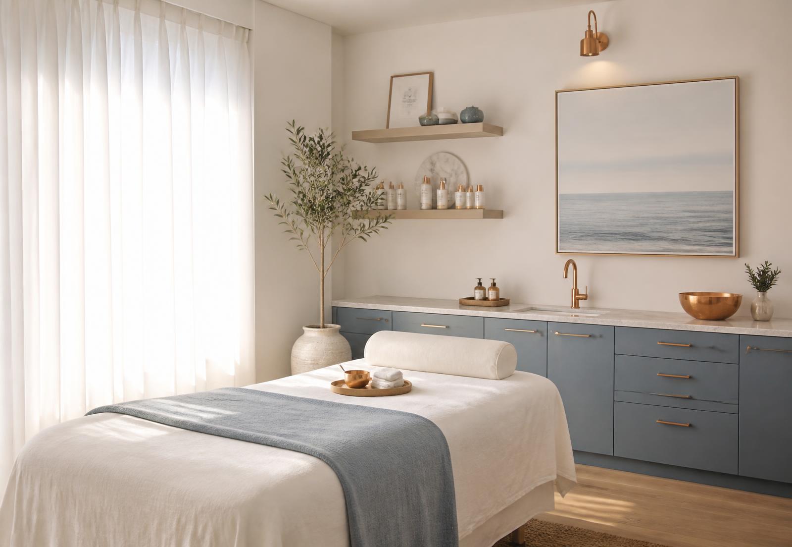 A Body Renew Studios treatment room with coastal blue cabinetry and copper fixtures
